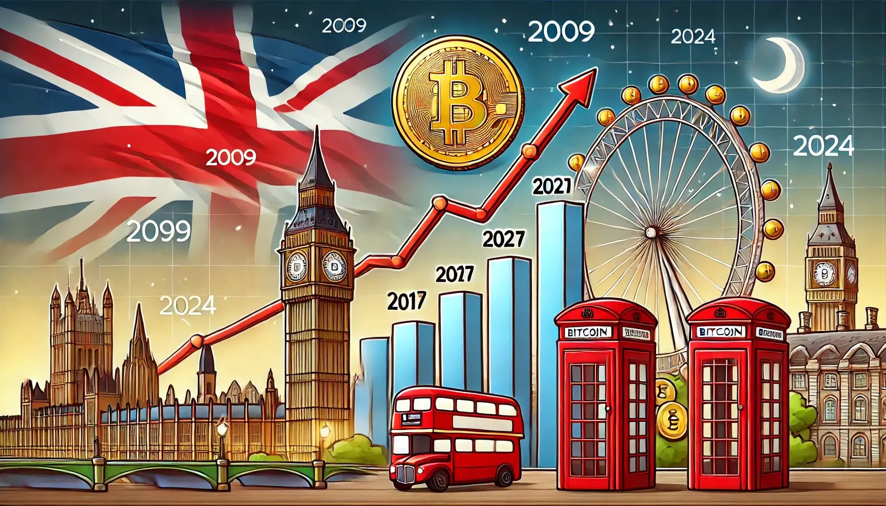 A financial chart showing the historical price of Bitcoin in British Pounds from 2009 to 2024, with a line graph starting near zero, peaking sharply a