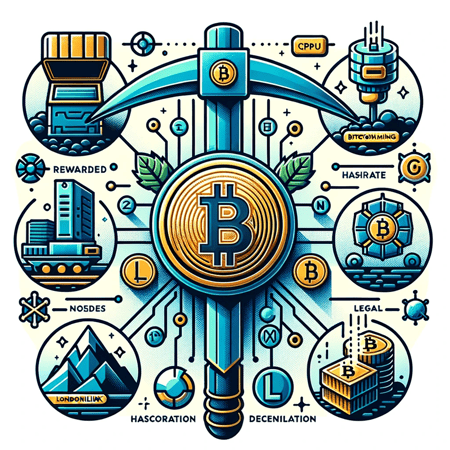 DALL·E 2023-11-01 11.11.54 - Illustration on a white background. A modern, tech-inspired blue (#1D1057) mining pickaxe is centrally placed, signifying Bitcoin mining. Surrounding 