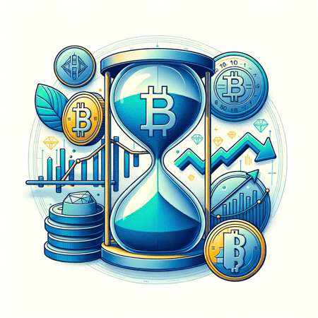 DALL·E 2023-11-01 11.19.06 - Illustration on a white background. At the heart of the image is a sleek blue (#1D1057) digital hourglass denoting the impending Bitcoin halving. Enci