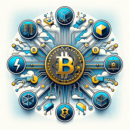 DALL·E 2023-11-01 11.30.59 - Photo-style design on a white background. At the center, theres a dominant gold Bitcoin logo. Radiating from it are symbols representing scalability 