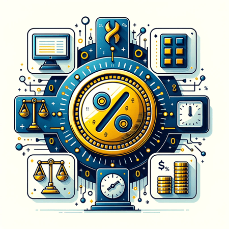 DALL·E 2023-11-01 11.42.04 - Illustration of transaction fees in the blockchain network. Centered on a white canvas, a shiny gold coin marked with a percentage symbol takes promin