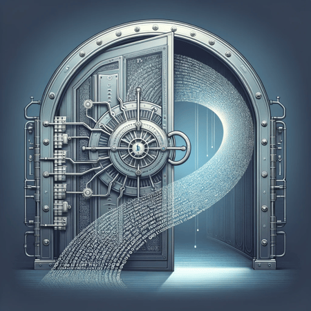 DALL·E 2023-11-09 00.07.36 - Design an abstract image that visualizes the concept of a cryptocurrency wallet recovery phrase. The centerpiece is an open, ethereal vault door with 