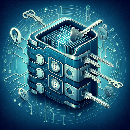 DALL·E 2023-11-09 00.18.16 - Visualize the concept of a Multi-Signature (Multi-Sig) Wallet in cryptocurrency. The image should feature a secure, futuristic wallet composed of inte