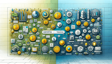 DALL·E 2023-11-19 21.46.17 - A vivid and engaging infographic, designed for a blog post about the differences between cryptocurrencies and crypto tokens. The left half of the imag