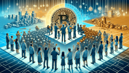 DALL·E 2023-11-19 22.04.20 - An illustration portraying the concept of Bitcoins distribution fairness. The left side depicts a group of diverse individuals, representing the glob