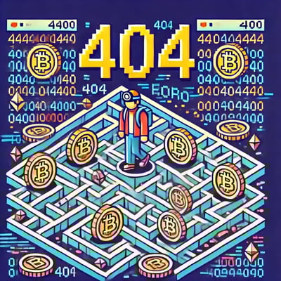 DALL·E 2024-10-01 13.18.21 - Create a playful and engaging 404 error page design for a cryptocurrency-themed website. The visual should depict a digital labyrinth filled with pixe