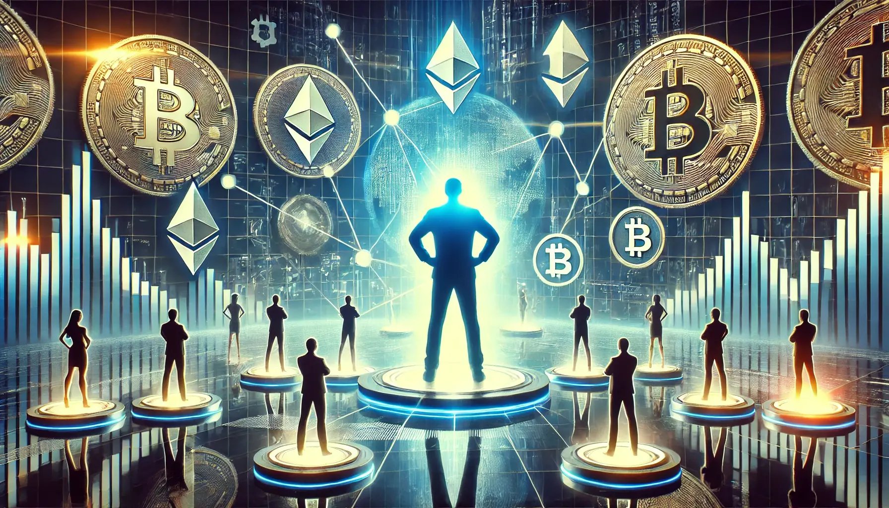 DALL·E 2025-01-20 13.18.05 - An engaging depiction of the concept of copy trading in the cryptocurrency world. The image shows a futuristic digital trading interface with a centra