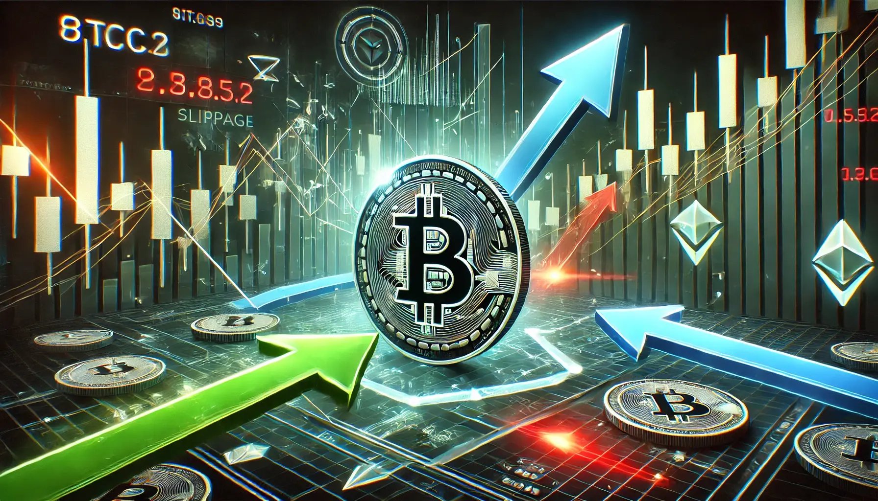 DALL·E 2025-01-20 13.25.12 - An illustrative depiction of slippage in cryptocurrency trading. The image shows a dynamic trading scene with a chart in the background that sharply r